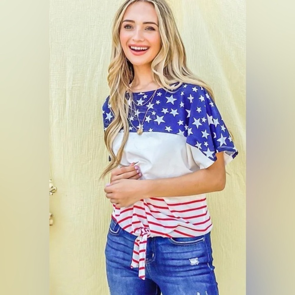 And The Why American Flag Print Tie Knot Front Casual Top